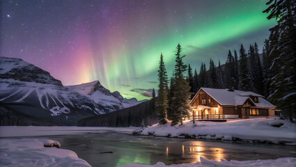 Fototapeta premium Aurora Over Snowy Cabin Winter Night Scene. Perfect for: Travel posters, Christmas fantasy art, winter adventure stock