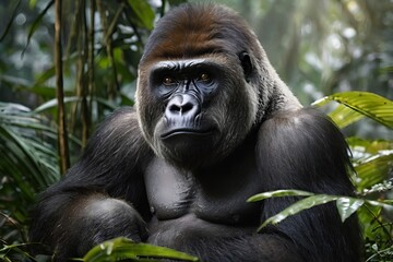 Obraz premium Rare Cross River Gorilla in Natural Jungle Habitat