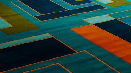 Abstract Geometric Patterned Teal and Orange Area Rug carpet textile