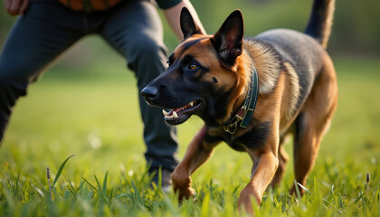 Adult German Shepherd walks on grass in sunny day. Trained dog in protective collar trains attack skills. Human stands on green field. Pet walks outdoor shows teeth. Selective focus.