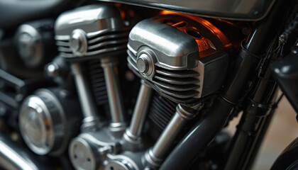 Fototapeta premium Close-up shows motorcycle engine details. Metallic cylinders, cooling fins, complex parts visible. Industrial mechanism highlights power, tech, intricate engineering. Orange glow suggests internal