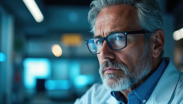Older man with glasses works in modern lab at night. Scientist wears lab coat studies data on screen. He has serious expression. Research and discovery in science.