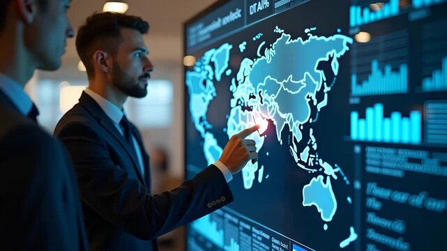Corporate strategy team evaluating world trade pressure impacts on export revenues using interactive world map and data visualization tools in  Photo Stock  Concept  and empty space on the left side