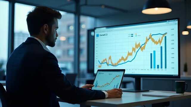Financial analyst modeling USA goods taxation scenarios using spreadsheet graphs projected on screen in modern office environment in  Photo Stock  Concept  and empty space on the left side
