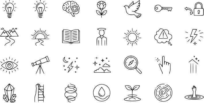 Abstract doodle line art icons set: ideas, nature, spirituality, growth, knowledge, and problem-solving concepts. Hand-drawn vector collection for web  print.