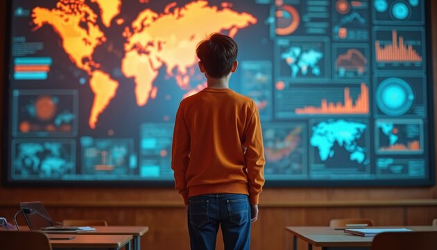 Boy looks at big screen with world map and data charts. Future learning classroom with interactive technology display. Education system innovation.