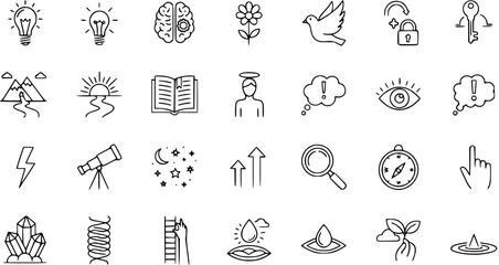 Minimalist line art icons: ideas, brain, knowledge, growth, nature, spirituality, discovery, wisdom, journey, success, inspiration, life concepts.