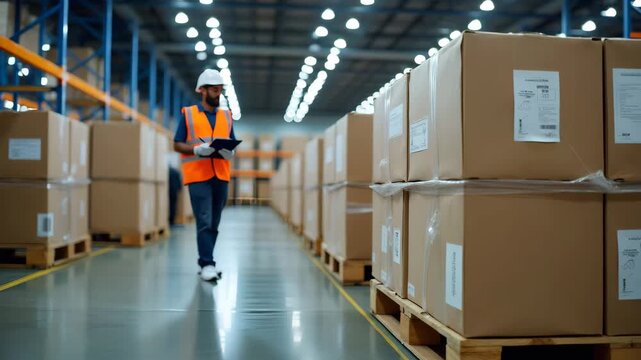 Stacked pallets of goods from Asia in distribution center ready for global shipping with clear origin labels and logistics staff preparing documentation in  Photo Stock  Concept  and empty space on th