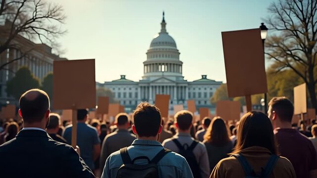 Crowd of consumers holding protest signs against rising tariffs outside government building capturing tariff protest image activism atmosphere in  Photo Stock  Concept  and empty space on the left sid