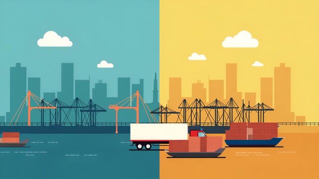Split?screen graphic contrasting free trade and protectionism ideologies with supply chain imagery on left and tariff walls on right formal design in  Photo Stock  Concept  and empty space on the left