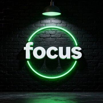 Naklejki Green Neon Focus Sign on Brick Wall Motivation and Productivity Concept