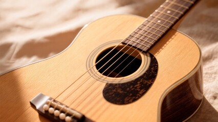 Fototapeta premium Acoustic Guitar Close-up with Warm Natural Light for Music Production and Creative Content