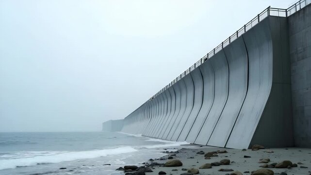 Close?up view of reinforced tsunami barrier wall with energy?absorbing panels and access walkway under gray sky symbolizing engineered coastal defense system in  Photo Stock  Concept  and empty space 