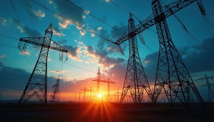 High voltage power lines stretch across landscape at sunset. Transmission towers loom against colorful sky. Electricity infrastructure powers communities at dusk.