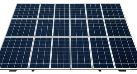 Array of solar panels, close-up, showing cells and silver frame under clear sky