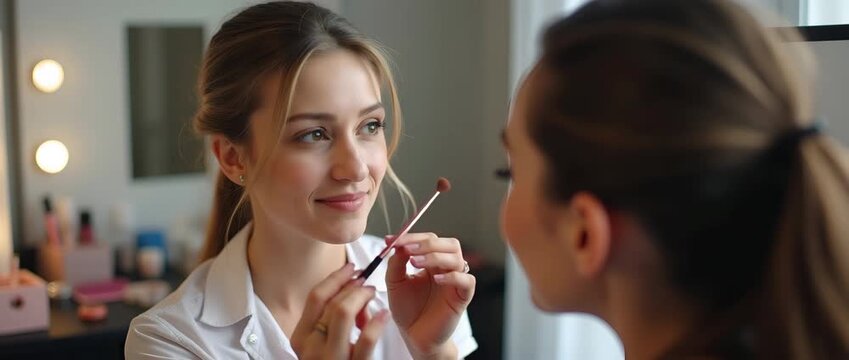 Photo realistic as Makeup Artist Demonstrating Blush Application in Studio with Copy Space concept as Wide shot of a makeup artist demonstrating blush application in a professional studio. The camera 