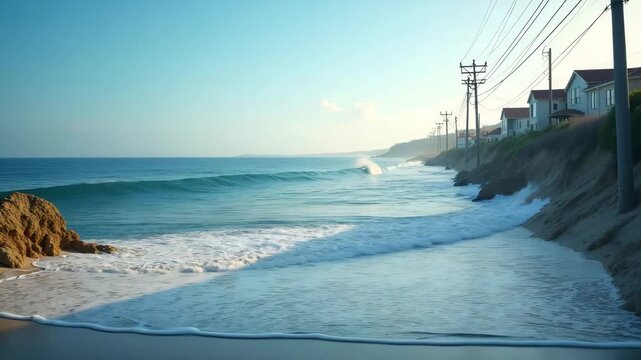 Time?lapse style visualization of rapidly rising sea level fast inundating coastal streets and eroding protective dunes highlighting urgent climate impact in  Photo Stock  Concept  and empty space on 