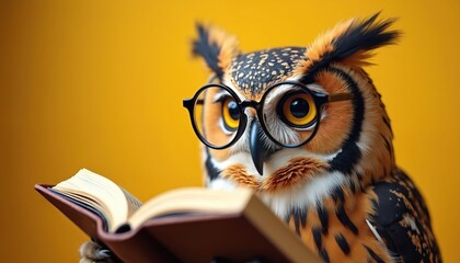 Clever owl wears glasses reads book. Illustration shows a wise bird with reading glasses studying. Education concept with an intelligent owl animal reading a book.