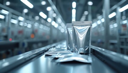 Silver pouches move along conveyor belt in bright industrial factory. Automated packaging system delivers products efficiently. Modern manufacturing process highlights speed, precision within clean
