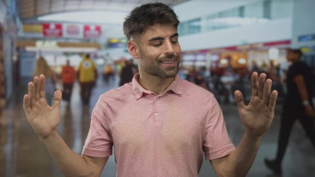 Man raises hands in airport terminal while smiling in pink shirt amid rows of chairs and gate signs; friendly greeting.