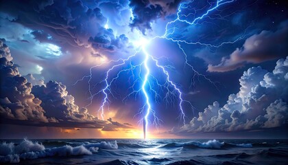 Dramatic Lightning Strike Over Ocean at Sunset