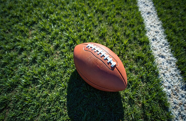 Obraz premium Brown leather American football rests on green grass field beside white boundary line. Sun shines on the sports equipment for game day action.