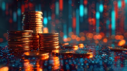 Digital Currency Piles Coins with Data Network Abstract Visualizations