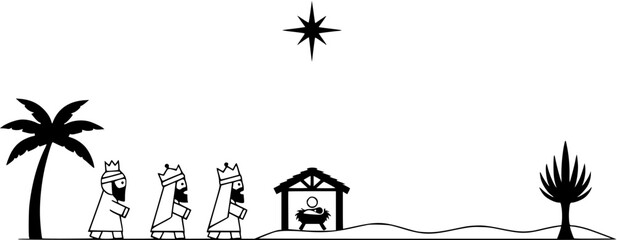 Three Wise Men (Magi) following the Star of Bethlehem to the Nativity scene with baby Jesus in a stable, featuring desert landscape and palm trees, simple black and white silhouette.