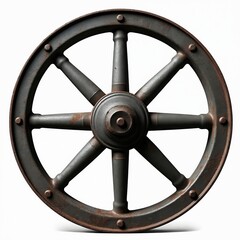 Fototapeta premium Old metal wagon wheel stands alone. Rustic dark gray wheel shows brown rust, bolts, spokes. Vintage farm cart part, decorative element from past times. Heavy cast iron artifact, symbol of strength,