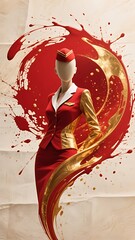 Fototapeta premium Abstract Female Profession with Costume Series : Flight Attendant, in magnificent Red and Gold Paper Ink Background with Faceless Model 002
