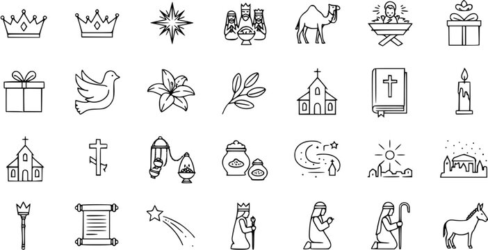 Set of Christian and Christmas outline icons, including Nativity scene elements, religious symbols like cross, bible, church, and holiday elements like gifts, stars, and candles.