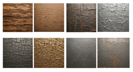 Fototapeta premium Collection of textured background surfaces with various cracked and weathered patterns in neutral tones, perfect for design projects and artistic backgrounds