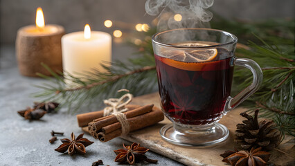 Mulled Wine and Spices Cozy Winter Scene. Perfect for: Holiday recipes, Christmas lifestyle blogs, cozy winter stock