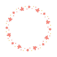 小さいピンクの花の丸いフレーム素材。手書きのあしらい枠のベクターイラスト