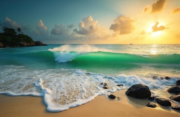 Turquoise wave breaks on a sandy beach near rocks and lush green island under a golden sunrise sky. Calm ocean water laps shore, distant ship sails.
