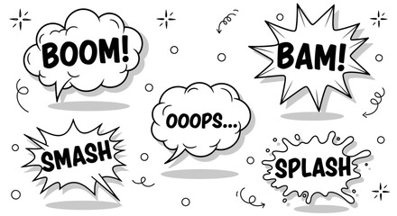 Hand-drawn set of comic book onomatopoeia speech bubbles and sound effect text clouds in a pop art cartoon style cs(34)