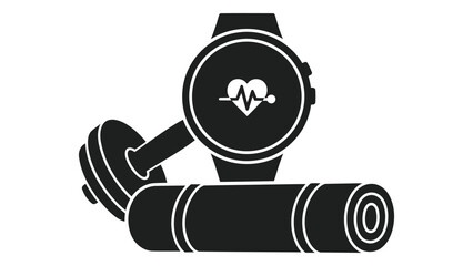 Fitness equipment including a dumbbell, yoga mat, and smartwatch isolated on white background to promote a healthy lifestyle