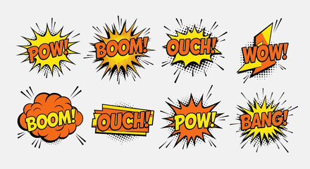 A dynamic set of colorful retro comic book onomatopoeia expressions like Pow and Boom in a vibrant pop art style