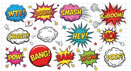 A dynamic collection of colorful comic book sound effects and speech bubbles. Vector illustration set in a retro pop art style with exclamations like Boom and Pow