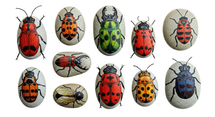 Fototapeta premium Collection of various colorful beetle specimens pinned on display board, including ladybugs and other insects, perfect for entomology study