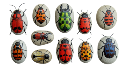 Collection of various colorful beetle specimens pinned on display board, including ladybugs and other insects, perfect for entomology study