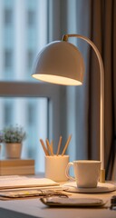 Desk lamp illuminates cozy workspace with coffee & pencils