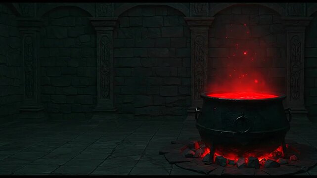 Glowing cauldron in dark chamber with mysterious red light