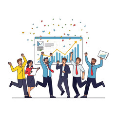 A group of business professionals celebrating a successful presentation in front of a colorful graph and chart display with confetti.