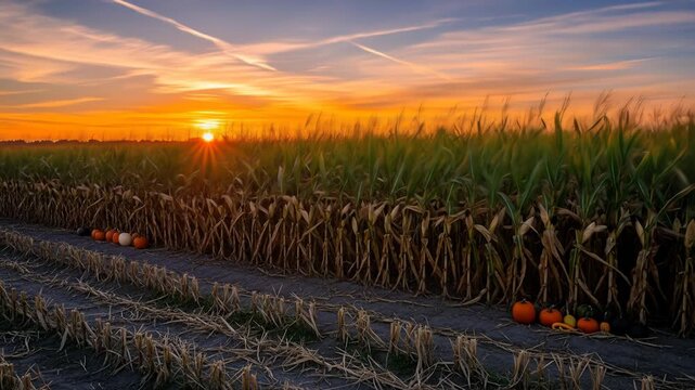 Autumn cornfield at sunset with pumpkins