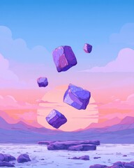 Purple rocks float over a pink desert at sunset