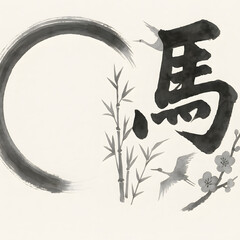 墨絵風の馬の漢字と和風自然モチーフの背景
