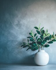 Green leaves in white vase against mottled blue-gray backdrop