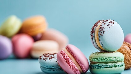 Stacked colorful macarons on a pastel blue background