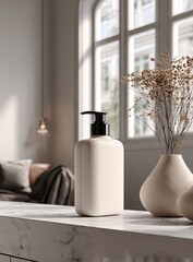 Cream bottle & dried flowers by window, soft, neutral tones